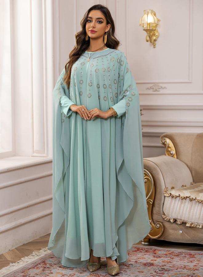 تايك تو طقم عباية وفستان محتشم بنمط كيب أخضر مزين - Image 1