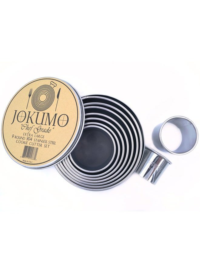 JOKUMO 9 Piece Extra Large Chef Grade Plain Round Pastry/Cookie Cutter Set - Extra Thick Premium 18/8 304 Stainless Steel - Marked Size for Professional Chefs and Ambitious Home Cooks - Image 1