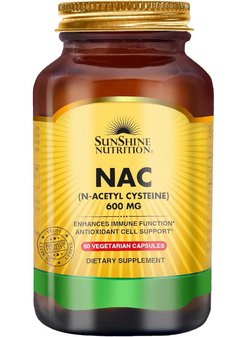 Sunshine Nutrition NAC (N-Acetyl Cysteine) 600mg | Enhances Immune Function & Antioxidant Cell Support | 60 Vegetarian Capsules - Image 1