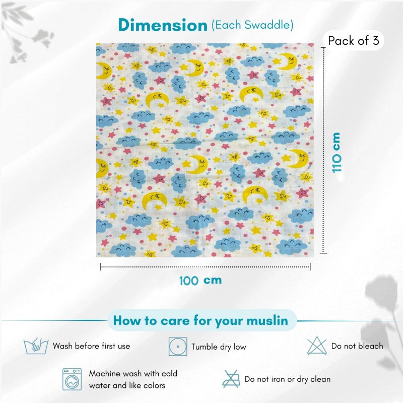 Comfy Cheeks 100% Cotton Muslin Baby Swaddle Set, Pack of 3, Size-115cm x 100cm Swaddlers for 0-18 Months, Printed Mulmal Muslin Swaddle Wrap for Newborn Baby,Baby Towel - Image 2