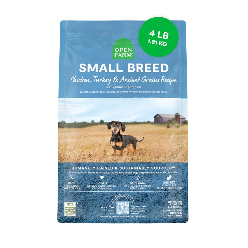 Open Farm, Ancient Grains Dry Dog Food for Small Breeds, Protein-Rich & Nutrient Dense, 90% Animal Protein with Non-GMO Fruits, Veggies and Superfoods, Chicken & Turkey Recipe for Small Dogs, 4lb Bag - Image 1