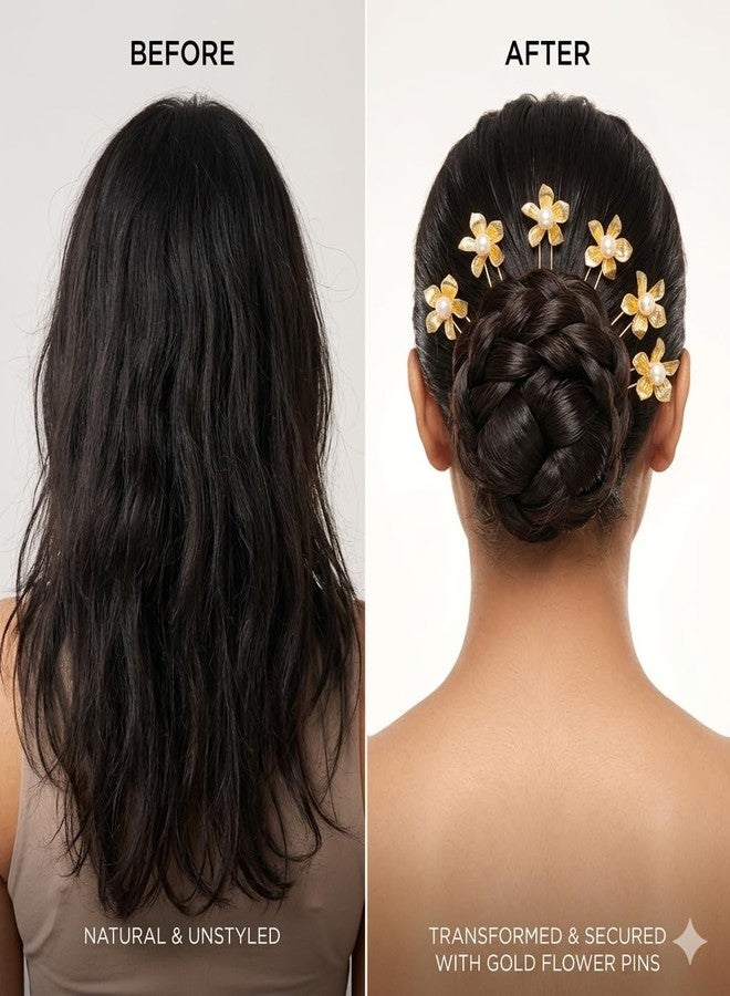 DHIMGU Bridal Gold Flower Hair Pins with Pearl Centre, Wedding Traditional Flower Hair Pin for Wedding and Girls (SET OF 5) - Image 3