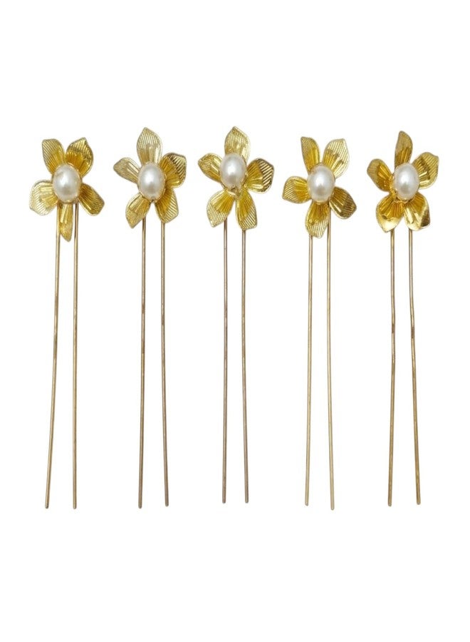 DHIMGU Bridal Gold Flower Hair Pins with Pearl Centre, Wedding Traditional Flower Hair Pin for Wedding and Girls (SET OF 5) - Image 1