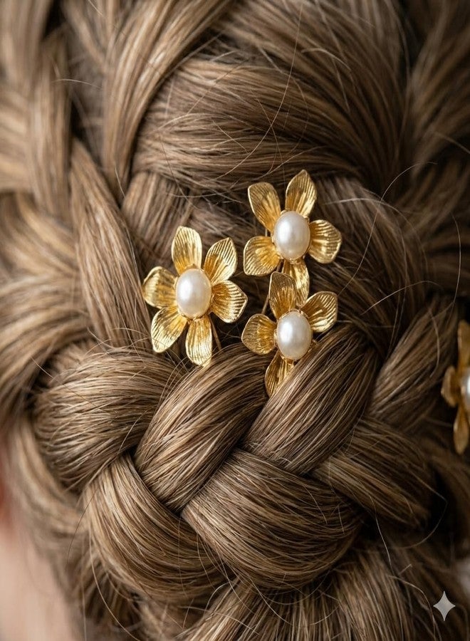 DHIMGU Bridal Gold Flower Hair Pins with Pearl Centre, Wedding Traditional Flower Hair Pin for Wedding and Girls (SET OF 5) - Image 2