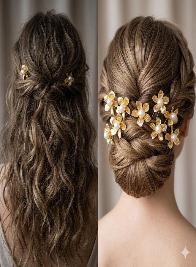 DHIMGU Bridal Gold Flower Hair Pins with Pearl Centre, Wedding Traditional Flower Hair Pin for Wedding and Girls (SET OF 5) - Image 4