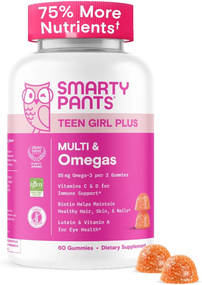 SmartyPants Teen Girl Multivitamin Gummies  Improved Formula Omega 3 DHAEPA Vitamin C D3 B12 Vitamin A K  Zinc Biotin to Support Hair Skin  Nails Gluten Free 60 Count 30 Day Supply - Image 1