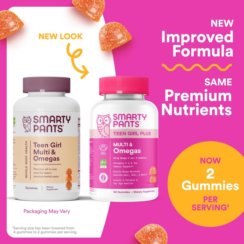 SmartyPants Teen Girl Multivitamin Gummies  Improved Formula Omega 3 DHAEPA Vitamin C D3 B12 Vitamin A K  Zinc Biotin to Support Hair Skin  Nails Gluten Free 60 Count 30 Day Supply - Image 2