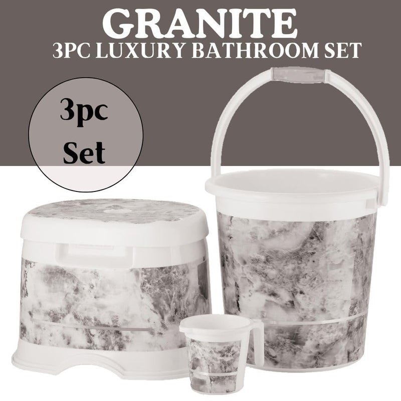 Nabhya طقم حمام من الجرانيت 3 قطع، مع دلو بلاستيكي (20 لتر)، كرسي مرتفع على شكل D، كوب (1 لتر) طقم دلو 3 قطع للحمام، المنزل والمطبخ، مجموعة من 3 قطع لتنظيف الدلاء (رمادي) - Image 2