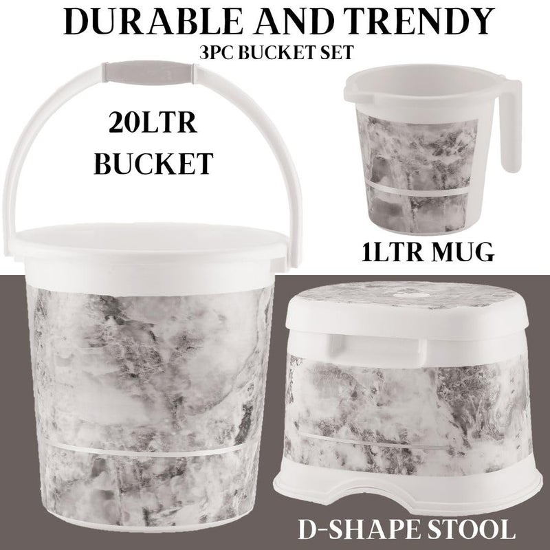 Nabhya طقم حمام من الجرانيت 3 قطع، مع دلو بلاستيكي (20 لتر)، كرسي مرتفع على شكل D، كوب (1 لتر) طقم دلو 3 قطع للحمام، المنزل والمطبخ، مجموعة من 3 قطع لتنظيف الدلاء (رمادي) - Image 3