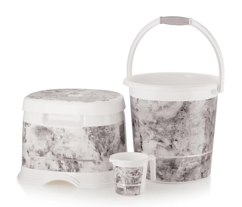 Nabhya طقم حمام من الجرانيت 3 قطع، مع دلو بلاستيكي (20 لتر)، كرسي مرتفع على شكل D، كوب (1 لتر) طقم دلو 3 قطع للحمام، المنزل والمطبخ، مجموعة من 3 قطع لتنظيف الدلاء (رمادي) - Image 1