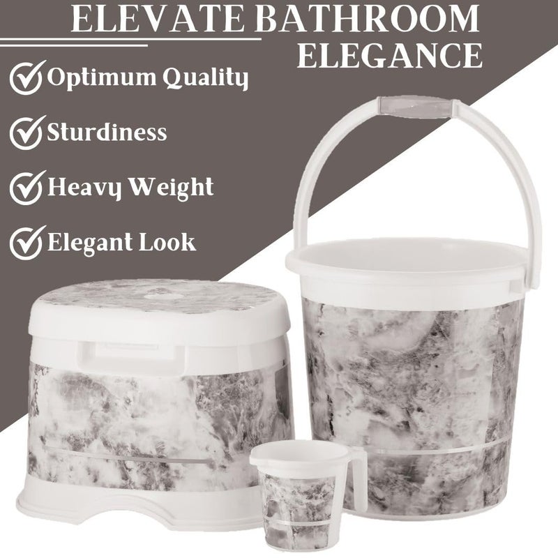 Nabhya طقم حمام من الجرانيت 3 قطع، مع دلو بلاستيكي (20 لتر)، كرسي مرتفع على شكل D، كوب (1 لتر) طقم دلو 3 قطع للحمام، المنزل والمطبخ، مجموعة من 3 قطع لتنظيف الدلاء (رمادي) - Image 4