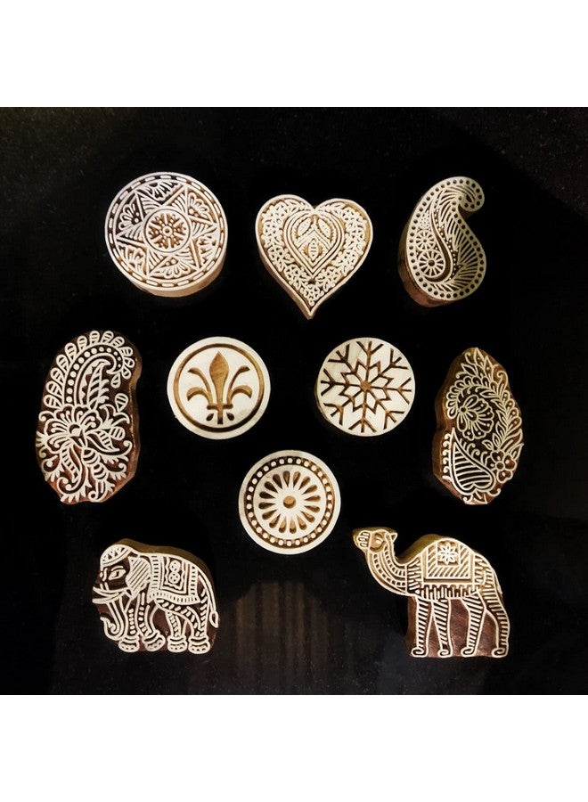 ecofynd Round Wood Block Stamps (Pack of 10), Wooden Blocks for Block Printing Stamp Set, Artistic Shapes Craft Kids Saree Border DIY Henna Fabric Textile Paper Clay Pottery Hand-Carved (BLOCK052) - Image 2