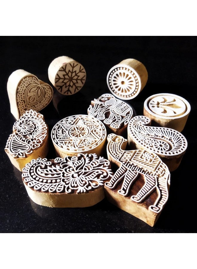 ecofynd Round Wood Block Stamps (Pack of 10), Wooden Blocks for Block Printing Stamp Set, Artistic Shapes Craft Kids Saree Border DIY Henna Fabric Textile Paper Clay Pottery Hand-Carved (BLOCK052) - Image 1