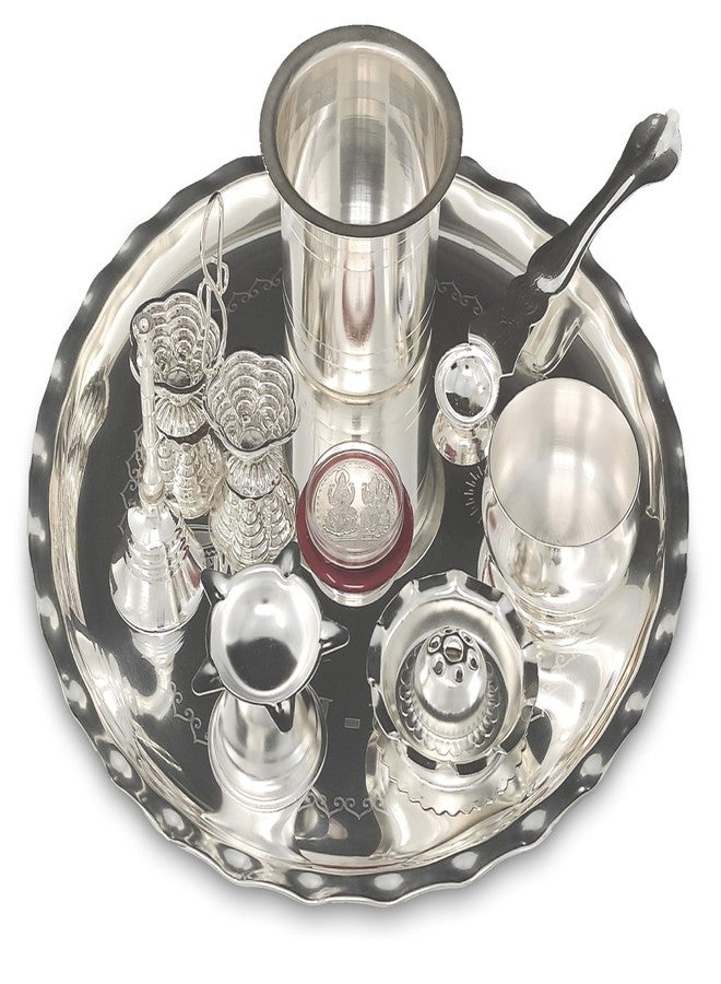 BENGALEN Pooja Thali Set Silver Plated 9.5 Inch with Puja Plate and Other Items Kalash Palli Diya Kumkum Holder Bowl Dhup Dan Coin Ghanti with Thali for Home Mandir Office Diwali Gift Item - Image 1