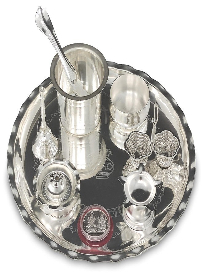 BENGALEN Pooja Thali Set Silver Plated 9.5 Inch with Puja Plate and Other Items Kalash Palli Diya Kumkum Holder Bowl Dhup Dan Coin Ghanti with Thali for Home Mandir Office Diwali Gift Item - Image 4