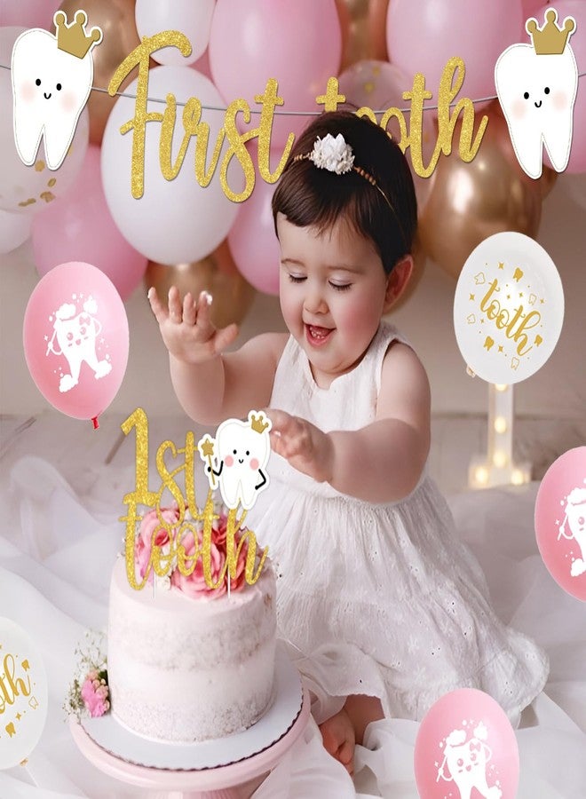 Merrystorm زينة حفلة عيد ميلاد الطفل الأول، خلفية تصوير وردية لأول سن للطفل الأول، لافتة ذهبية لامعة لأول سن، زينة كعكة للبنات، لوازم حفلات عيد ميلاد الطفل الأول - Image 4