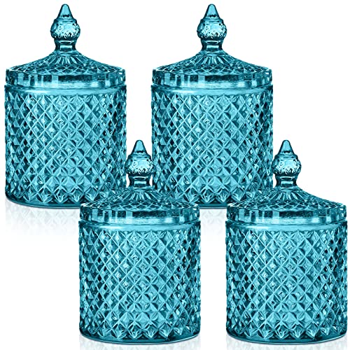 Aoriher 4 Pcs Crystal Glass Candy Jar Set with Lids Home Decorative Storage Jars for Apothecary Bathroom Kitchen and Pantry Ideal for Cotton Swabs and JewelryMediumMist Blue