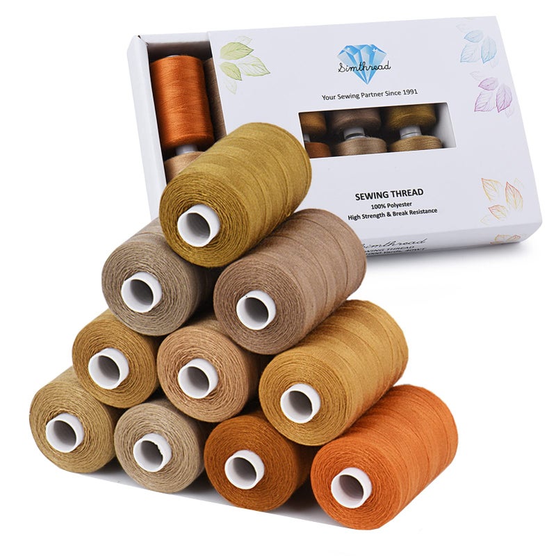 Simthread All Purpose Sewing Thread 10 Spool Assorted Brown Series 1000 Yards Each Bobbin Polyester Thread for Sewing Handy Polyester Sewing Threads for Sewing Machine Brown Series
