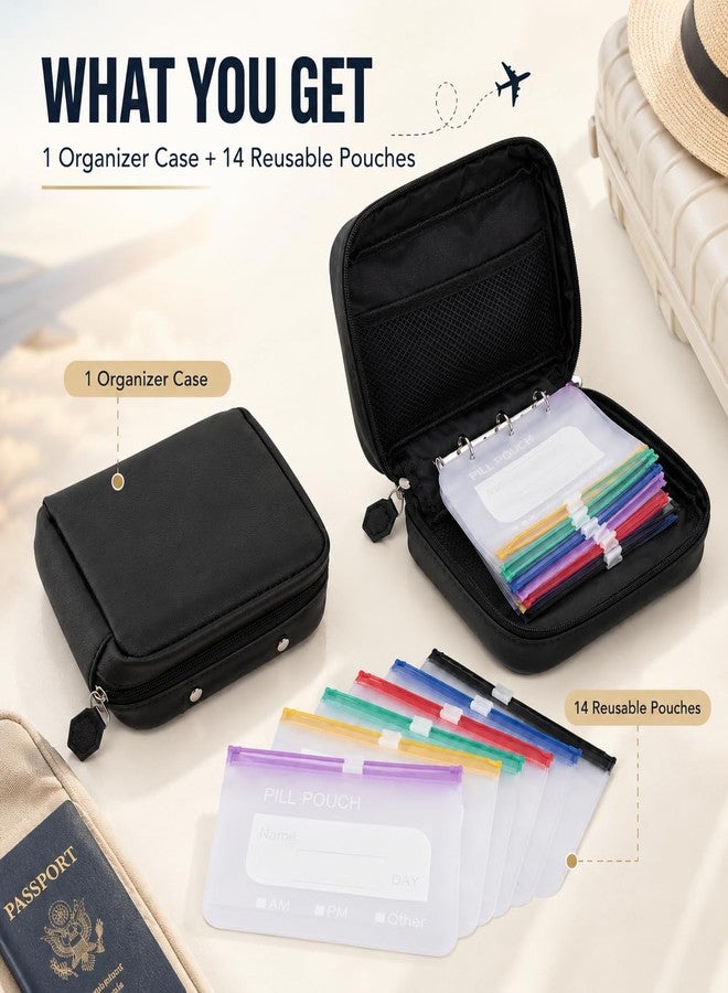 Waterproof Pill Pouch Organizer Set, 14 Color-Coded Reusable Pouches with 2 Binder Inserts, 7-Day AM PM Travel Medicine Organizer with Writable Labels and Protective Case, Black - Image 2