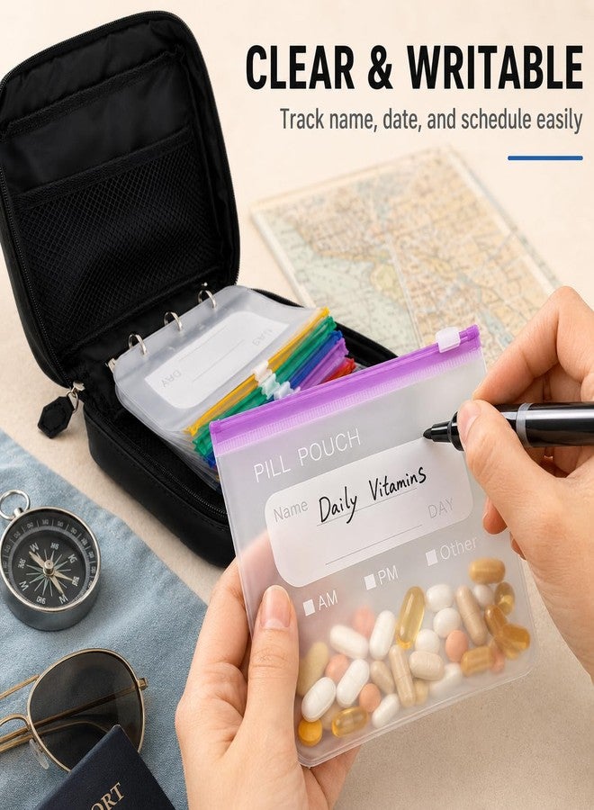 Waterproof Pill Pouch Organizer Set, 14 Color-Coded Reusable Pouches with 2 Binder Inserts, 7-Day AM PM Travel Medicine Organizer with Writable Labels and Protective Case, Black - Image 5