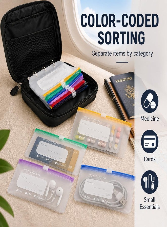 Waterproof Pill Pouch Organizer Set, 14 Color-Coded Reusable Pouches with 2 Binder Inserts, 7-Day AM PM Travel Medicine Organizer with Writable Labels and Protective Case, Black - Image 4
