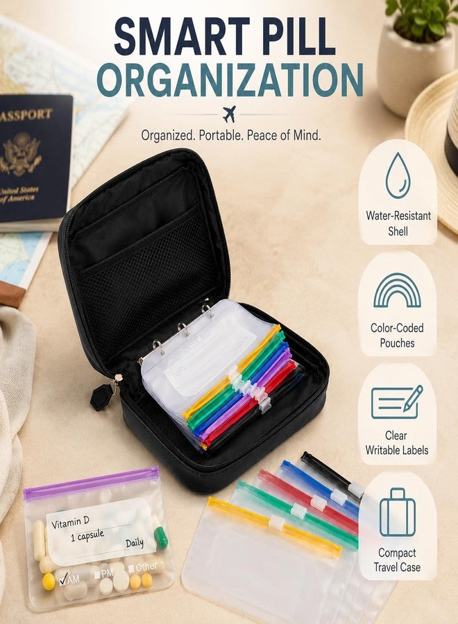 Waterproof Pill Pouch Organizer Set, 14 Color-Coded Reusable Pouches with 2 Binder Inserts, 7-Day AM PM Travel Medicine Organizer with Writable Labels and Protective Case, Black - Image 3