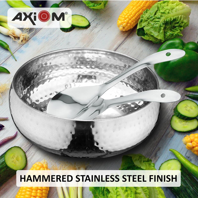AXIOM Stainless Steel Salad Bowl with Serving Utensils 3 pcs Set. Multipurpose Mixing Bowl for Fruits/Salad/Snacks with 2 Serving Spoons. 10 inch, 3500 ml, Silver - Image 4