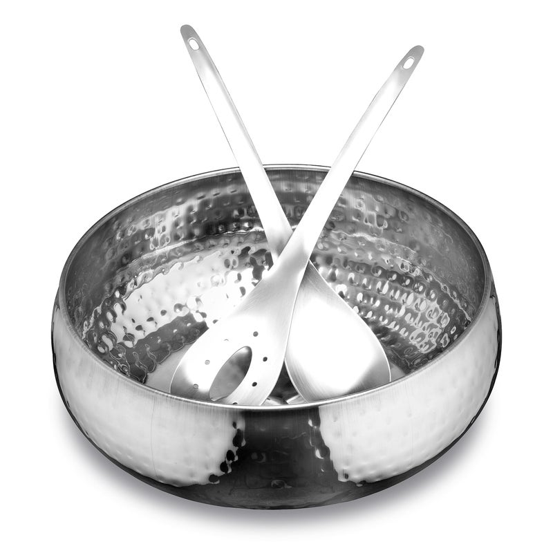 AXIOM Stainless Steel Salad Bowl with Serving Utensils 3 pcs Set. Multipurpose Mixing Bowl for Fruits/Salad/Snacks with 2 Serving Spoons. 10 inch, 3500 ml, Silver - Image 1