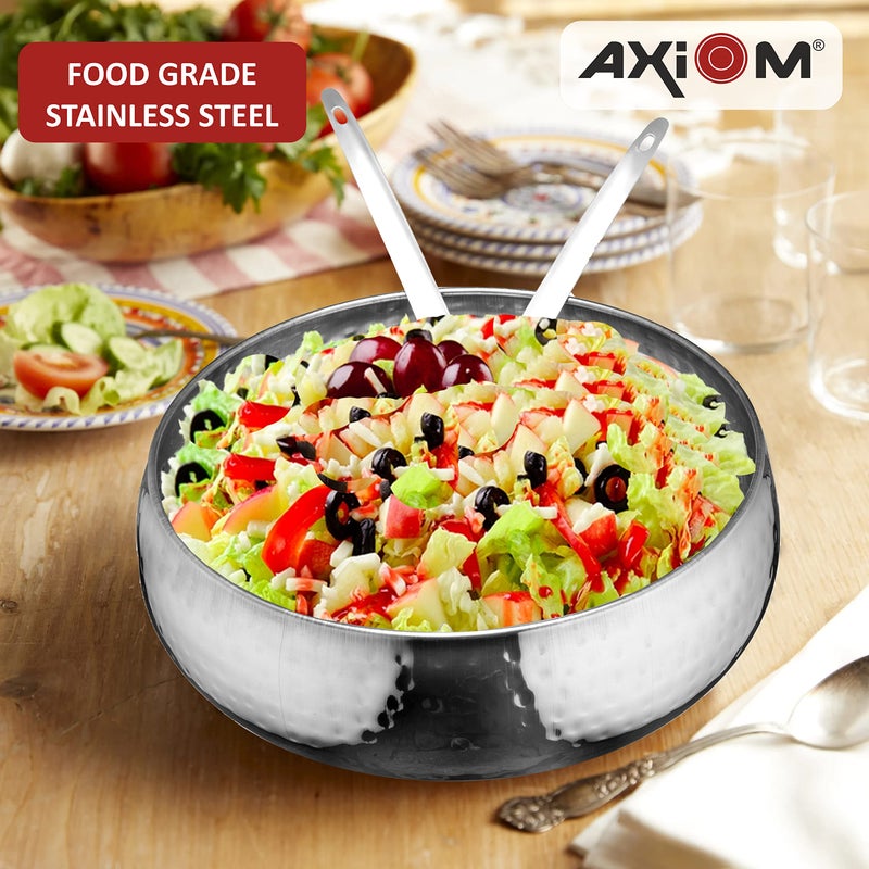 AXIOM Stainless Steel Salad Bowl with Serving Utensils 3 pcs Set. Multipurpose Mixing Bowl for Fruits/Salad/Snacks with 2 Serving Spoons. 10 inch, 3500 ml, Silver - Image 2