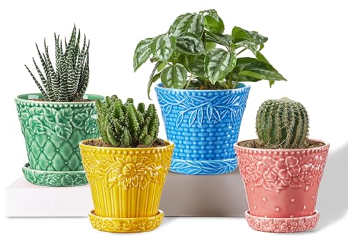 Metahom Succulent Ceramic Pots, 3.8 Inch Small Plant Pots with Drainage Hole & Saucer, Flower Planter Pot for House Plants Cacti, Home Decor, Set of 4, Assorted Colors - Image 1