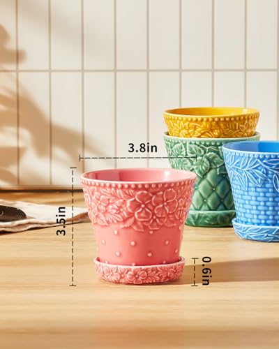 Metahom Succulent Ceramic Pots, 3.8 Inch Small Plant Pots with Drainage Hole & Saucer, Flower Planter Pot for House Plants Cacti, Home Decor, Set of 4, Assorted Colors - Image 2