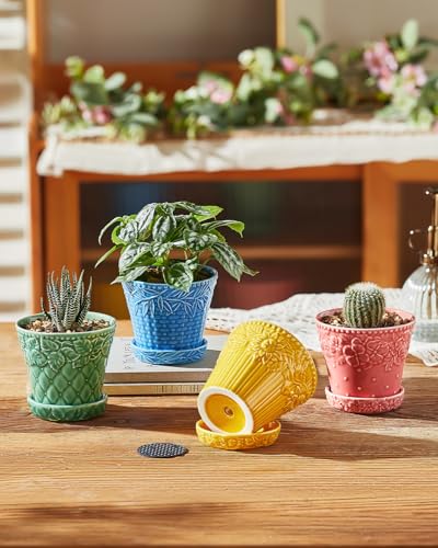 Metahom Succulent Ceramic Pots, 3.8 Inch Small Plant Pots with Drainage Hole & Saucer, Flower Planter Pot for House Plants Cacti, Home Decor, Set of 4, Assorted Colors - Image 3