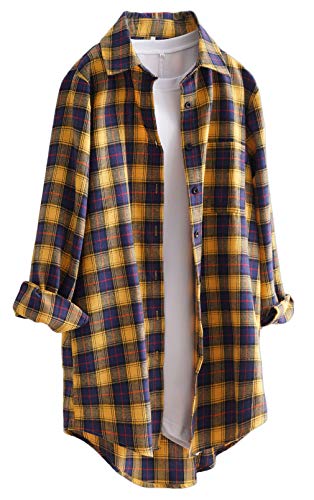 Minibee Women's Cotton Blouses Tops Plaid Long Sleeve High Low Button Down Shirts Tunic Yellow XL - Image 1