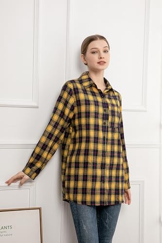 Minibee Women's Cotton Blouses Tops Plaid Long Sleeve High Low Button Down Shirts Tunic Yellow XL - Image 3