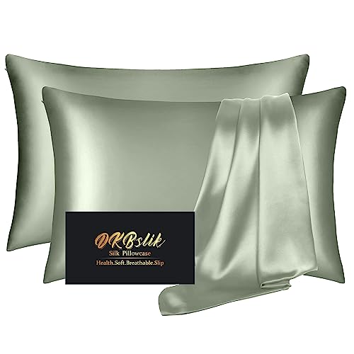 DKBslik Silk Pillowcase 2 Pack Natural Mulberry Silk Pillow Case Anti Acne Silk Pillowcase for Hair and Skin King Size Silk Satin Pillowcase Set of 2 with Hidden Zipper Gifts for Women Men Sage Green - Image 1