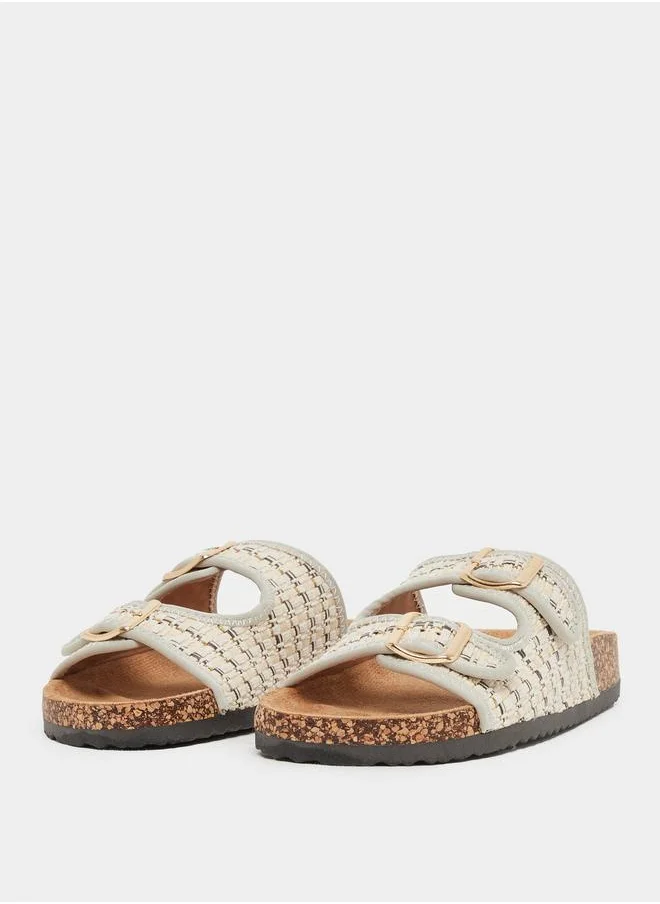 ستايلي Styli Textured Slip On Flat Sandals with Buckle Details