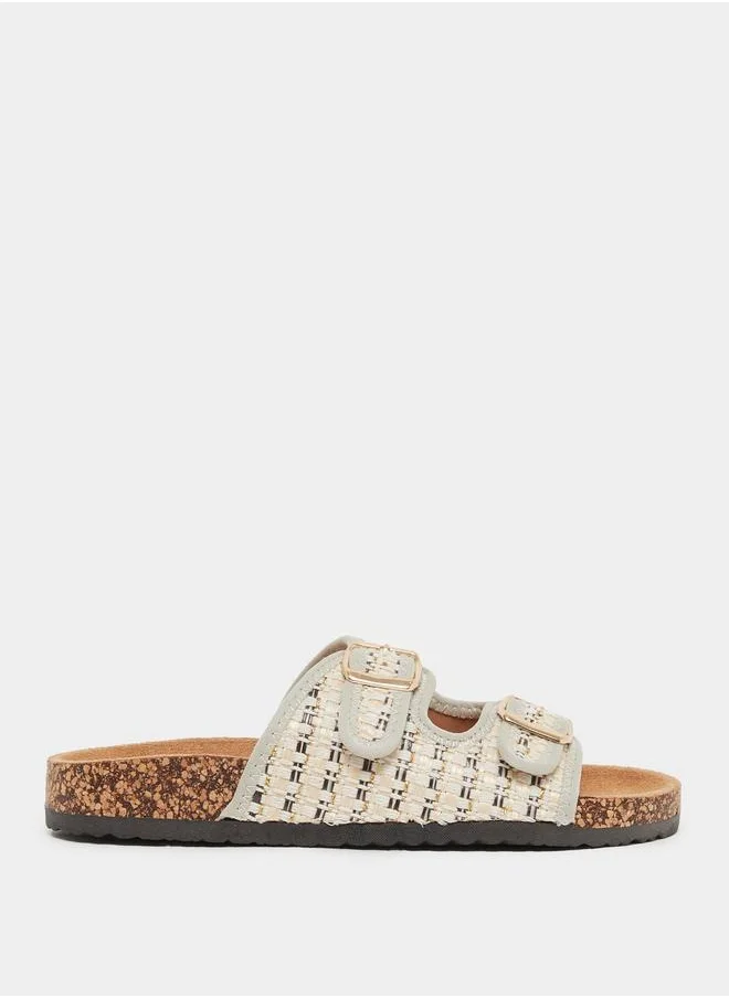 ستايلي Styli Textured Slip On Flat Sandals with Buckle Details