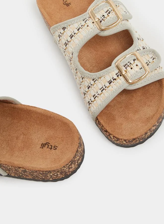 Styli Styli Textured Slip On Flat Sandals with Buckle Details