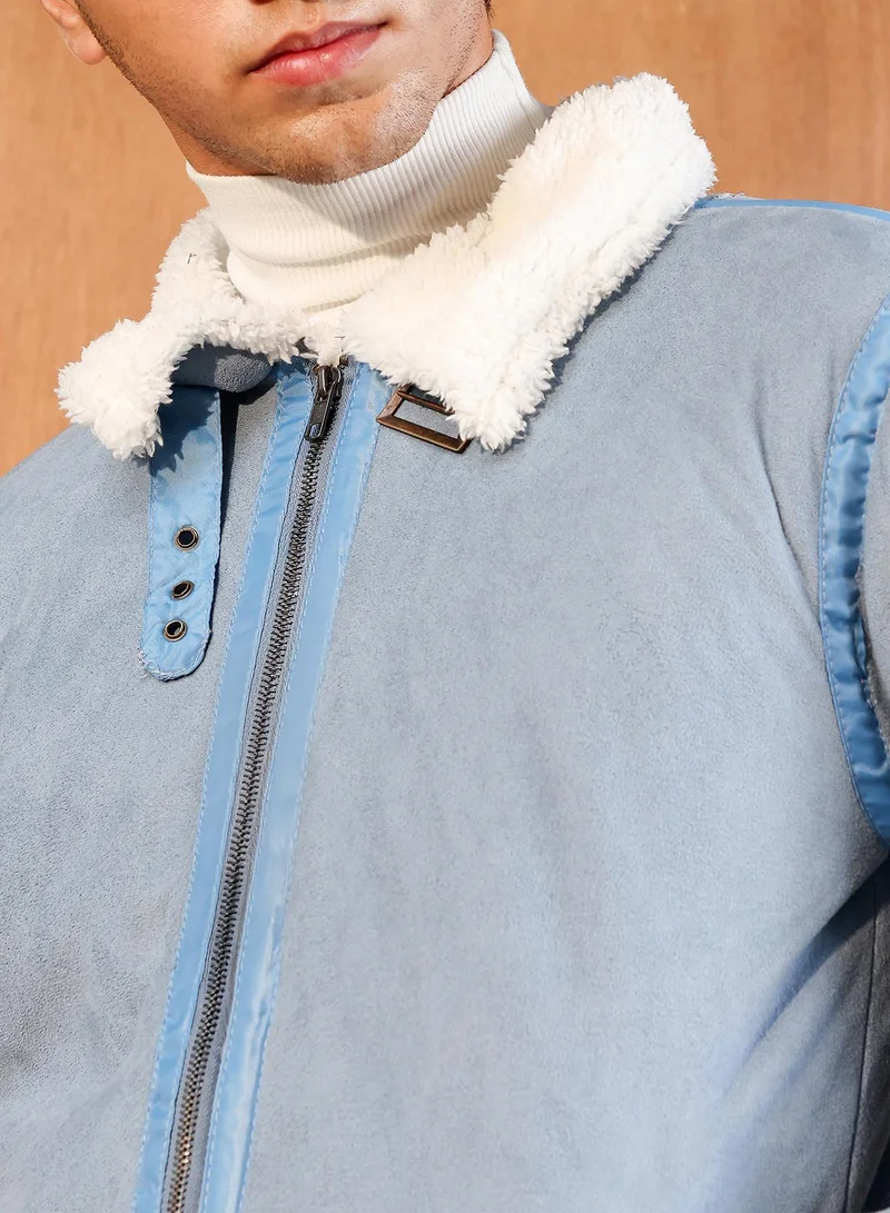 Campus Sutra Campus Sutra Men's Powder Blue Contrast Sherpa-Lined Suede Rider Jacket | Point Collar , Sherpa-Lined Sleeves , Zipper Closure , Straight Hem | Solid Textured For Casual & Daily Wear
