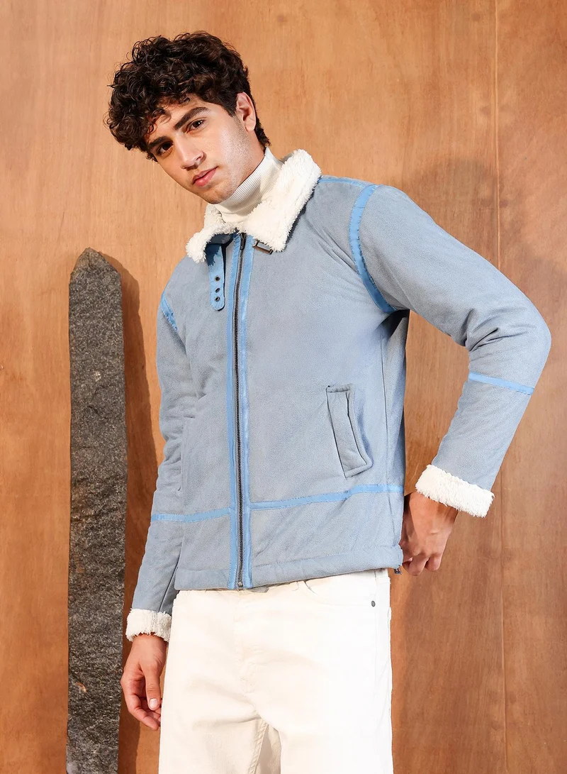 Campus Sutra Campus Sutra Men's Powder Blue Contrast Sherpa-Lined Suede Rider Jacket | Point Collar , Sherpa-Lined Sleeves , Zipper Closure , Straight Hem | Solid Textured For Casual & Daily Wear