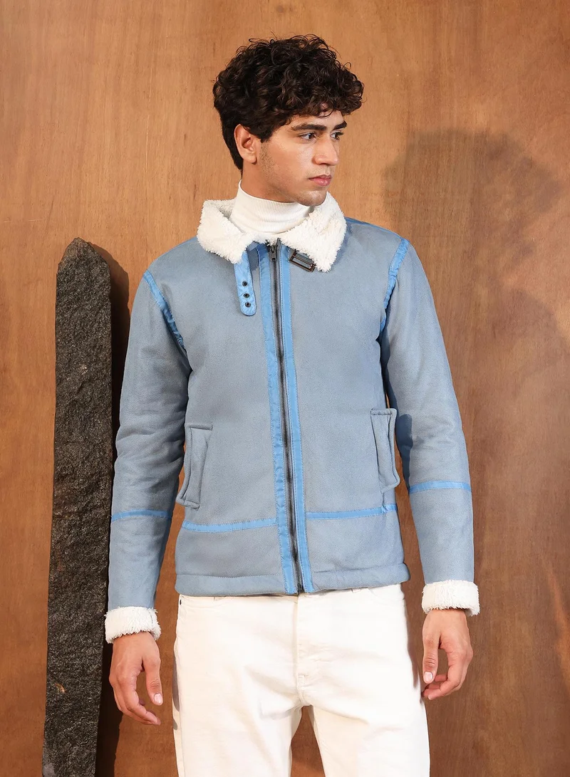 كامبوس سوترا Campus Sutra Men's Powder Blue Contrast Sherpa-Lined Suede Rider Jacket | Point Collar , Sherpa-Lined Sleeves , Zipper Closure , Straight Hem | Solid Textured For Casual & Daily Wear