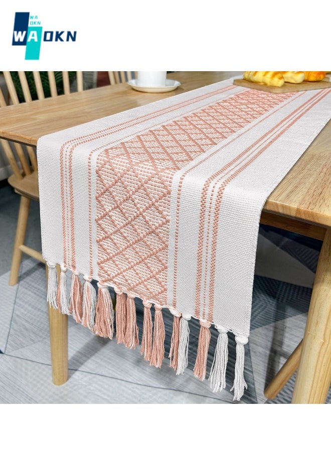 WAOKN - Farmhouse Woven Striped Table Runner, Bohemian Design Handmade Fringed Tablecloth, Diamond Check Top Protector - Suitable for Decorating with Dining Table and Coffee Table (35x180cm) - Image 1