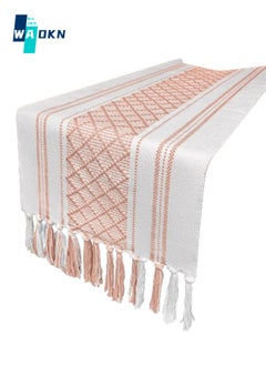 Farmhouse Woven Striped Table Runner, Bohemian Design Handmade Fringed Tablecloth, Diamond Check Top Protector - Suitable for Decorating with Dining Table and Coffee Table (35x180cm)