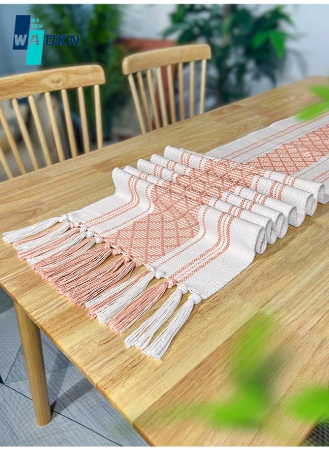 WAOKN - Farmhouse Woven Striped Table Runner, Bohemian Design Handmade Fringed Tablecloth, Diamond Check Top Protector - Suitable for Decorating with Dining Table and Coffee Table (35x180cm) - Image 1