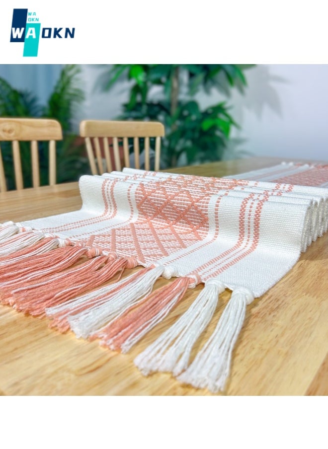 WAOKN - Farmhouse Woven Striped Table Runner, Bohemian Design Handmade Fringed Tablecloth, Diamond Check Top Protector - Suitable for Decorating with Dining Table and Coffee Table (35x180cm) - Image 1