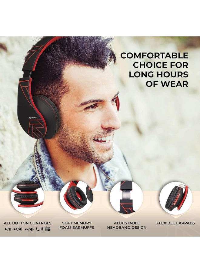 PowerLocus Bluetooth Over-Ear Headphones, Wireless Stereo Foldable Headphones Wireless and Wired Headphones with Built-in Microphone, Micro SD/TF, FM for Mobile Phones/iPad/Laptops & PC (Black/Red) - Image 2