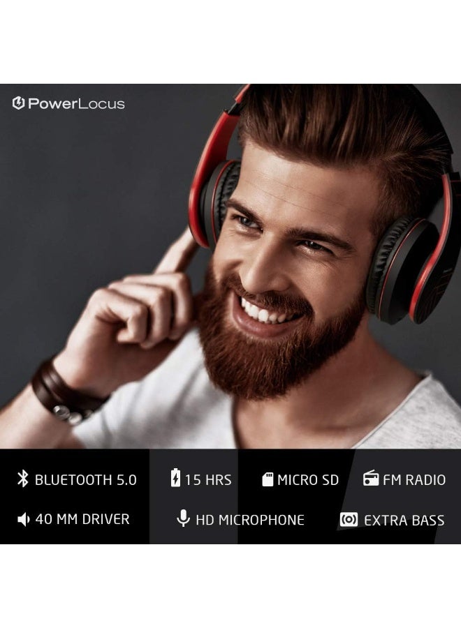 PowerLocus Bluetooth Over-Ear Headphones, Wireless Stereo Foldable Headphones Wireless and Wired Headphones with Built-in Microphone, Micro SD/TF, FM for Mobile Phones/iPad/Laptops & PC (Black/Red) - Image 3