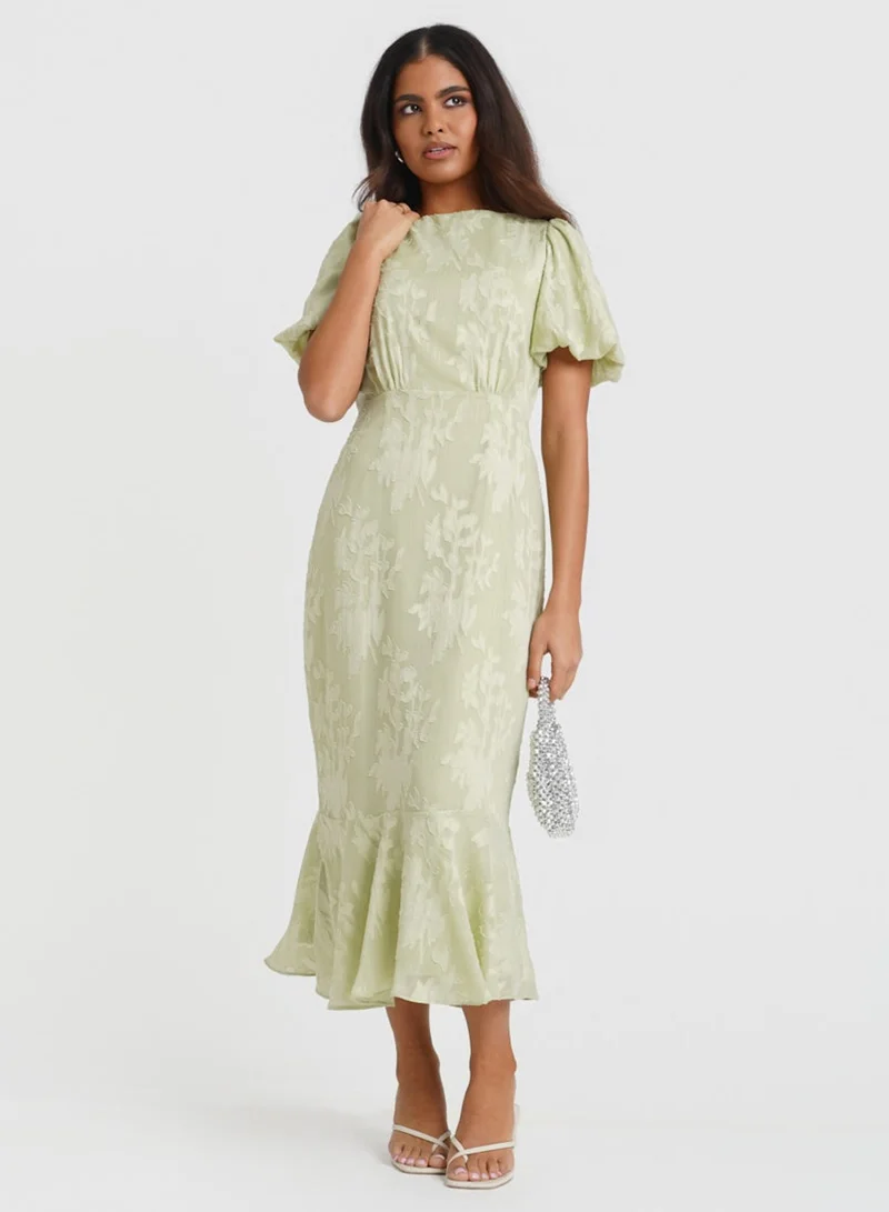 Green Jacquard Puff Sleeve Midi Dress