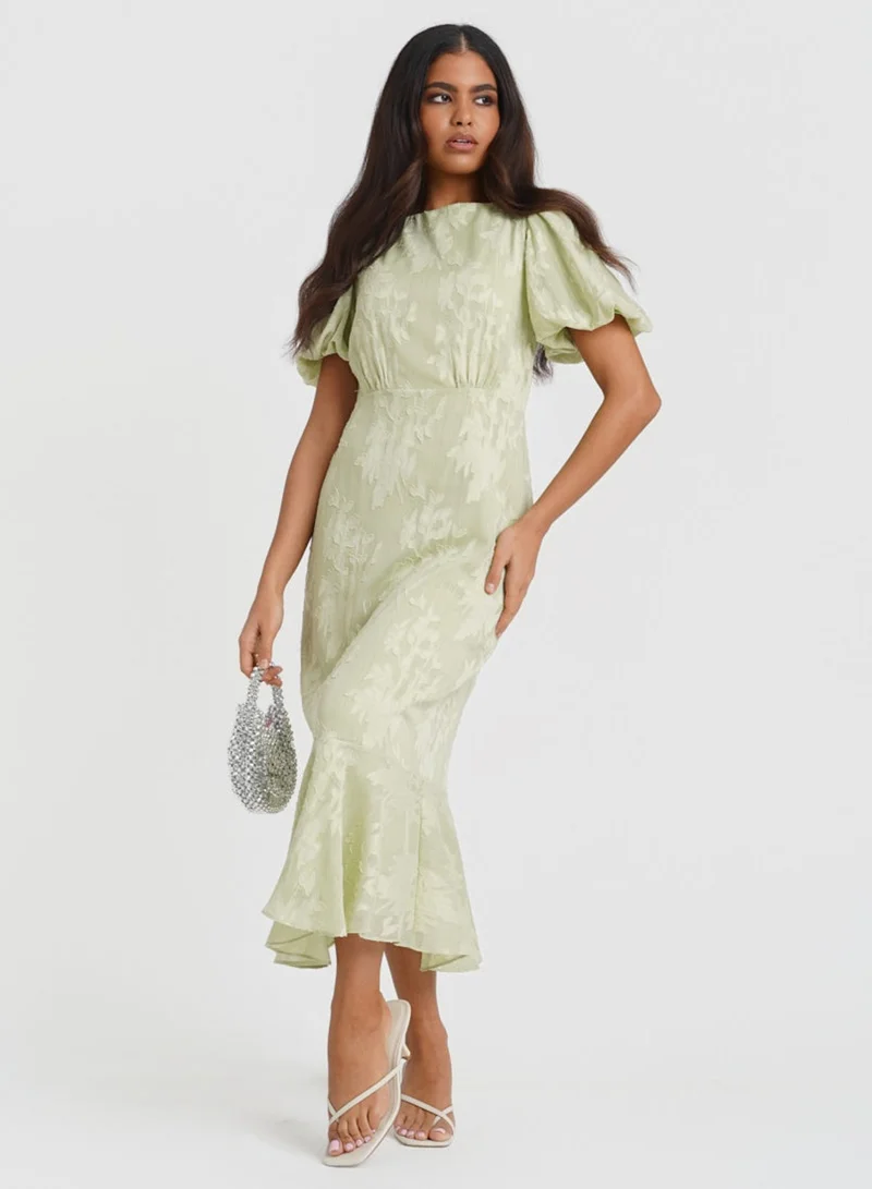 Needs No Label  Green Jacquard Puff Sleeve Midi Dress for Women | Best Price UAE