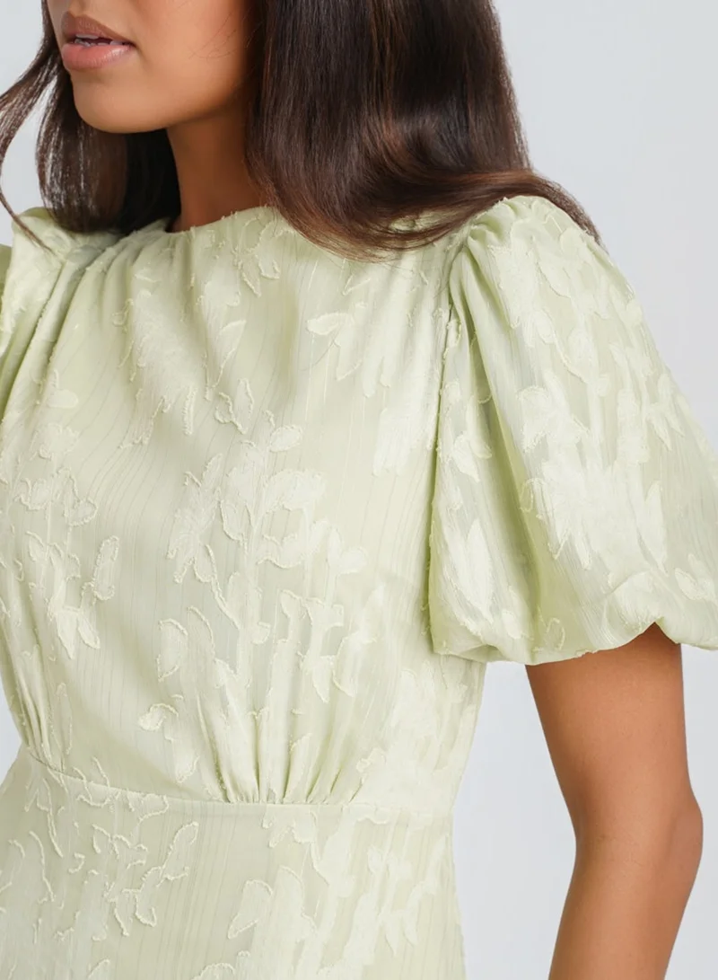 Needs No Label  Green Jacquard Puff Sleeve Midi Dress for Women | Best Price UAE